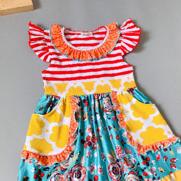 Boutique Striped Floral Sleeveless Ruffle Dress - Picture 2 of 5